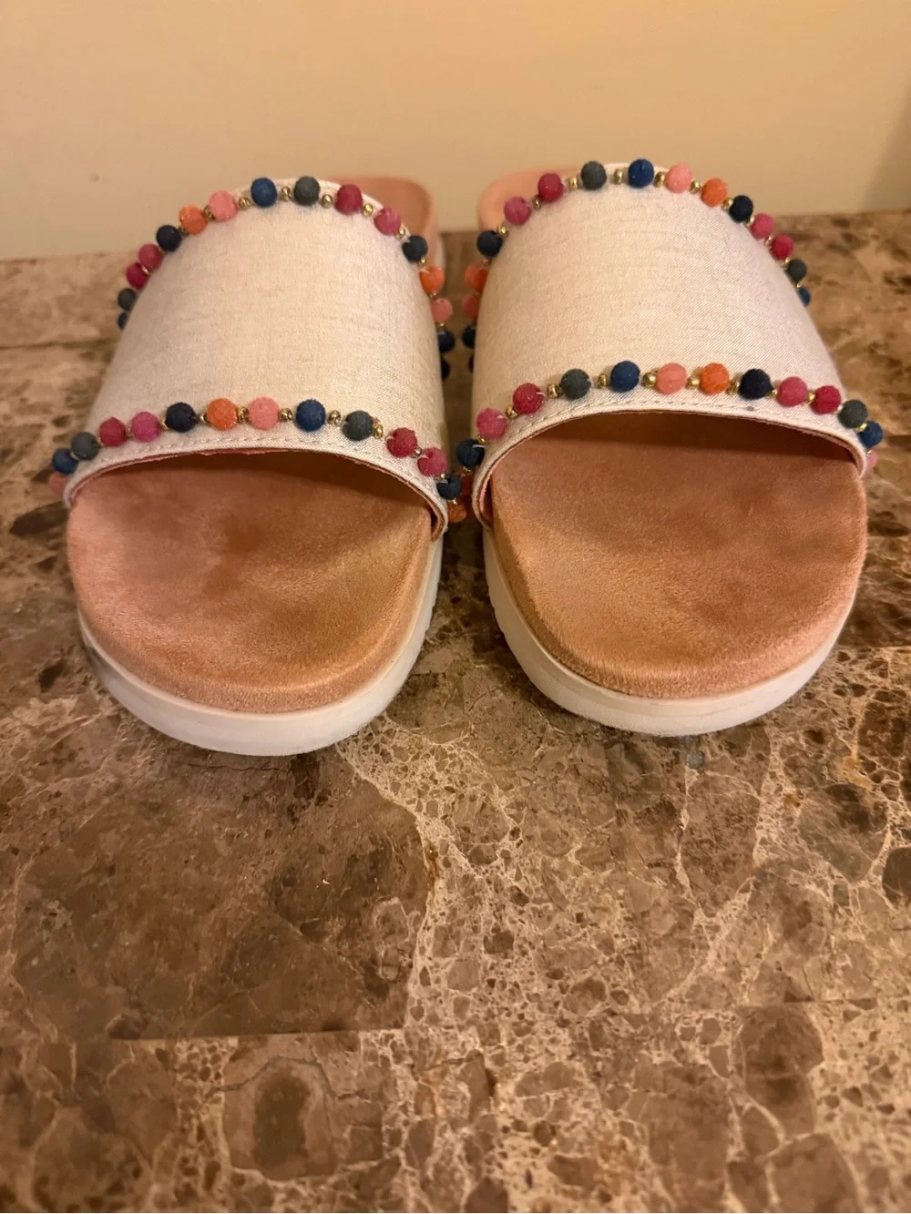 TOMS Cream Slide Sandals with Multicolor Bead Trim